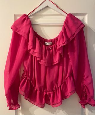 Blusa Zara Volantes Hombros Descubiertos Rosa