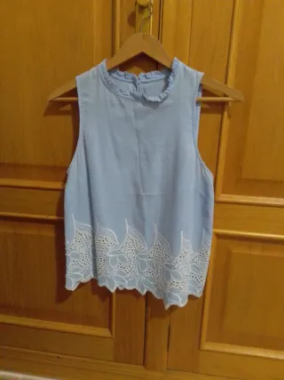 Blusa azul celeste sin mangas bordada