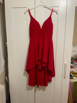 Vestido-pantalón de fiesta rojo asimétrico