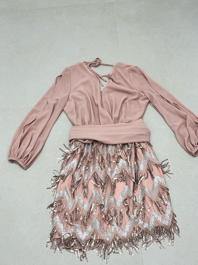 Vestido cóctel falda lentejuelas oro y rosa