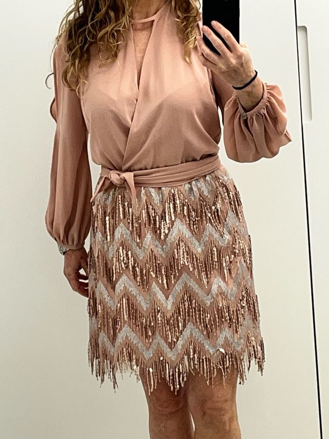 Vestido cóctel falda lentejuelas oro y rosa