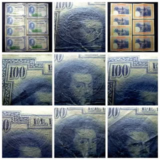 BL05D. Sello seco República. 7 billetes 100 1925
