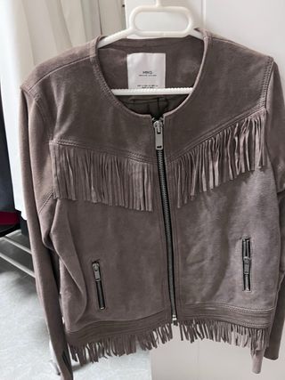 Chaqueta Mango Piel Beige/Marrón Flecos