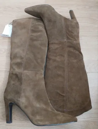 Botas de tacón Zara Serraje Pespunte marrones 
