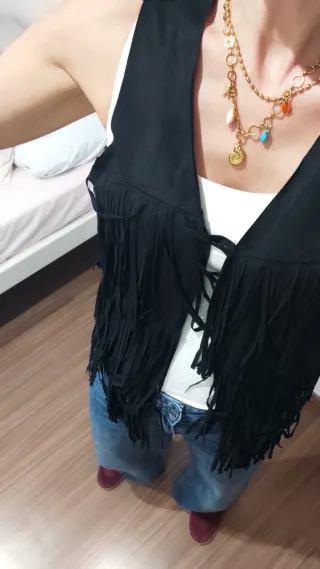Chaleco flecos ante negro talla única