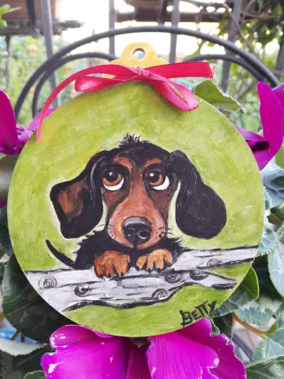 Pallina Natale Legno Cane Bassotto Dipinto a mano