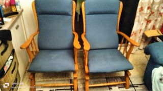 2 poltrone blu/marroni in tessuto e legno