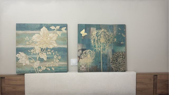 Cuadro Decorativo Floral Verde Agua y Dorado