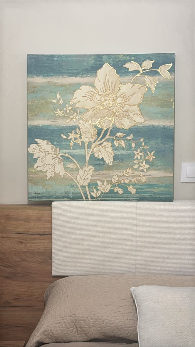 Cuadro Decorativo Floral Verde Agua y Dorado