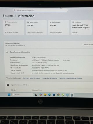 Portátil HP Ryzen 7 32GB RAM 500GB SSD Plata