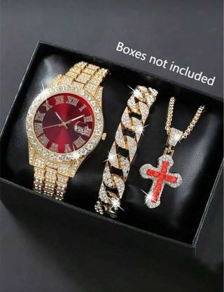 Reloj y Conjunto de Joyería Dorado con Cristales