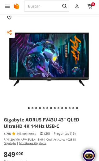 Monitor Gigabyte AORUS FV43U de 43 pulgadas.