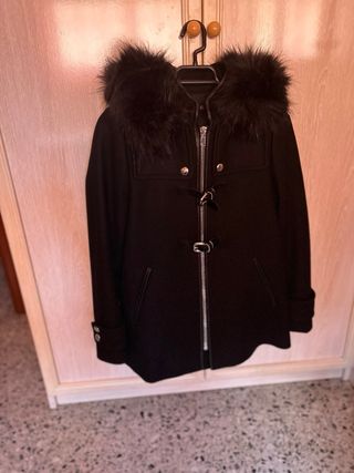 Abrigo paño con capucha de pelo