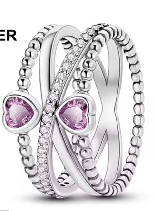 Anillo triple plata corazones rosa