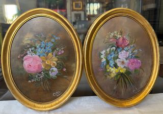 Pareja óleos flores sobre tabla