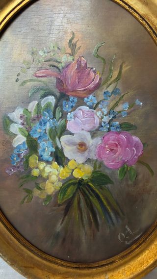 Pareja óleos flores sobre tabla