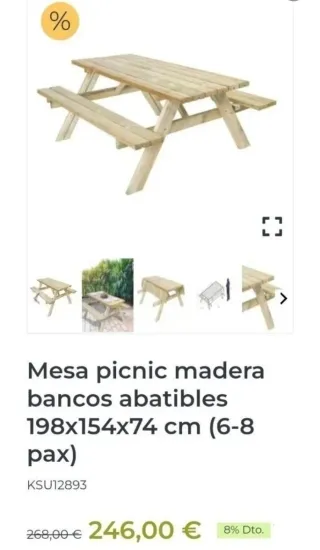 Mesa picnic madera bancos abatibles 199x154x74