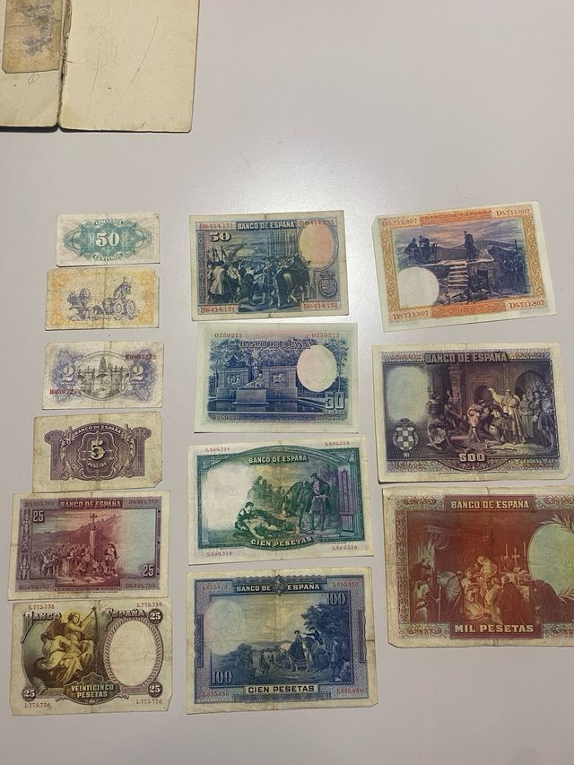Billetes antiguos españoles: 1000, 500, 100, 25, 2