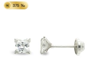 Pendientes Oro Blanco 9K Circonita Cuadrada 3mm