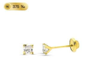 Pendientes Oro 9K Circonita 3x3mm Cierre Tuerca