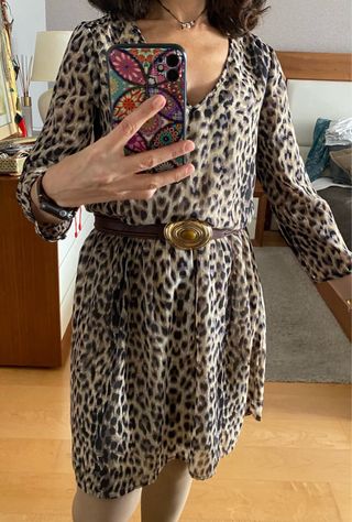 Vestido gasa manga larga estampado leopardo
