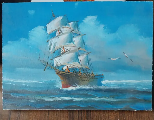 Pintura al óleo de barco en alta mar