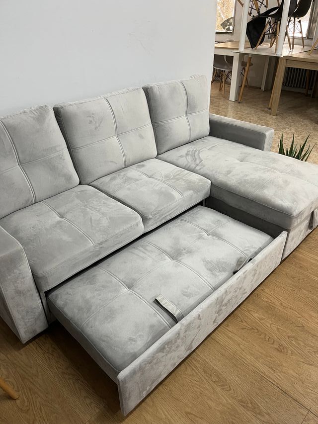 Sofá Cama Chaise Longue Gris Terciopelo