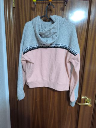 Sudadera gris y rosa con texto