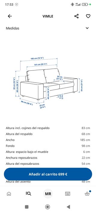 Sofá VIMLE Ikea Beige Tela