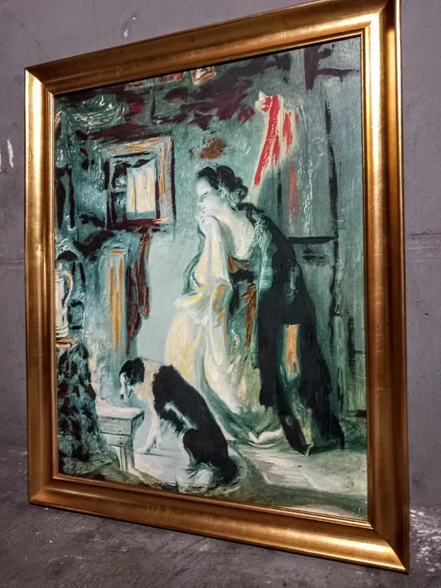 Cuadro al óleo Mujer y perro