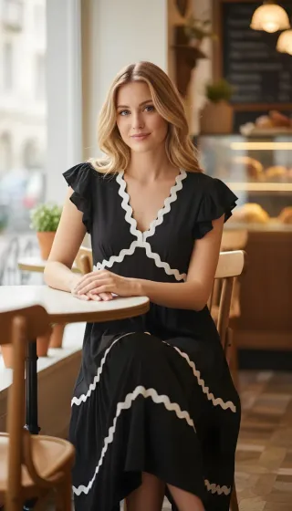 Elegante vestido negro con detalles blancos