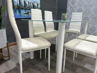 Mesa Cristal 140cm + 6 Sillas Polipiel