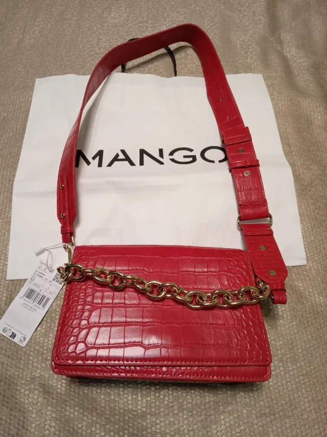 Bolso Mango Rojo Cocodrilo Cadena Dorada