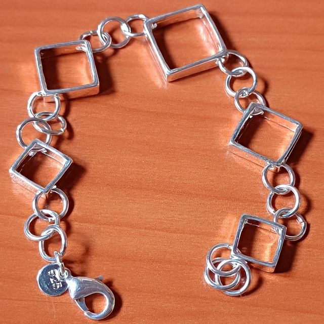 Pulsera Plata Cuadros y Cadena Gruesa