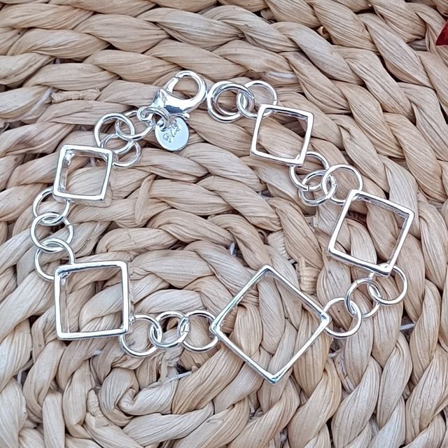 Pulsera Plata Cuadros y Cadena Gruesa