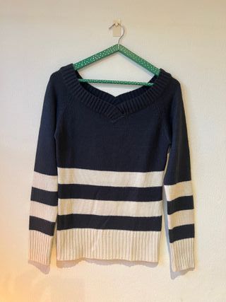Jersey rayas azul marino, cuello pico, talla S