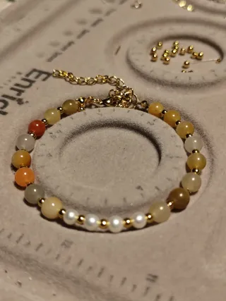 Pulsera Ágata loca y Perlas Dorada