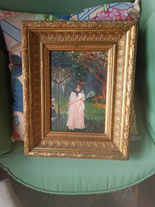 Pintura al óleo vintage mujer jardín