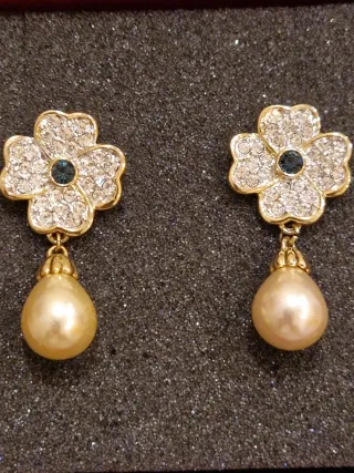 Pendientes vintage oro circonita y perla artificia