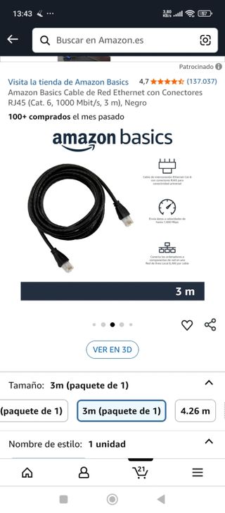 Cable Ethernet Cat 6 RJ45.                 3metros