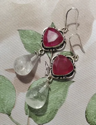 Pendientes Plata 925 Rubí y Cuarzo Cristal