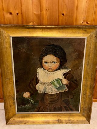 Cuadro antiguo niña con una  taza