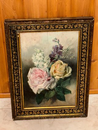 Cuadro antiguo flores rosas y lilas