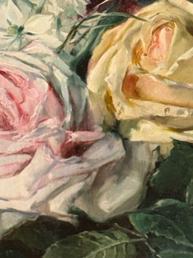 Cuadro antiguo flores rosas y lilas