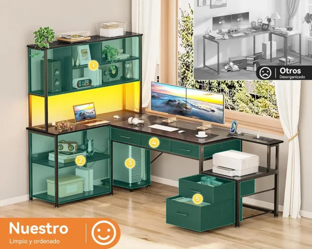 Escritorio Esquinero LED Negro 180x100