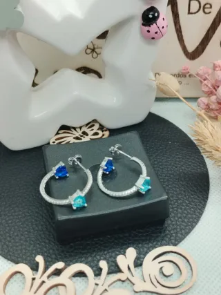 Pendientes Plata Aro Doble Corazón Azul