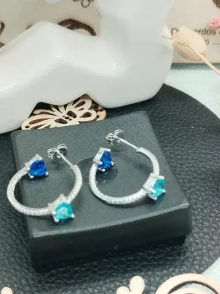 Pendientes Plata Aro Doble Corazón Azul