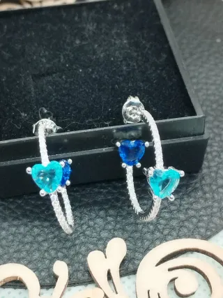 Pendientes Plata Aro Doble Corazón Azul