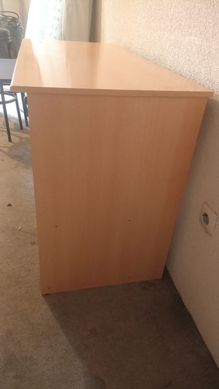 Escritorio madera clara y azul