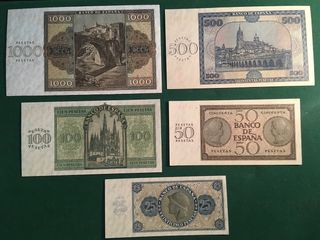 Lote Billetes Pesetas 1936: 1000, 500, 100, 50, 25